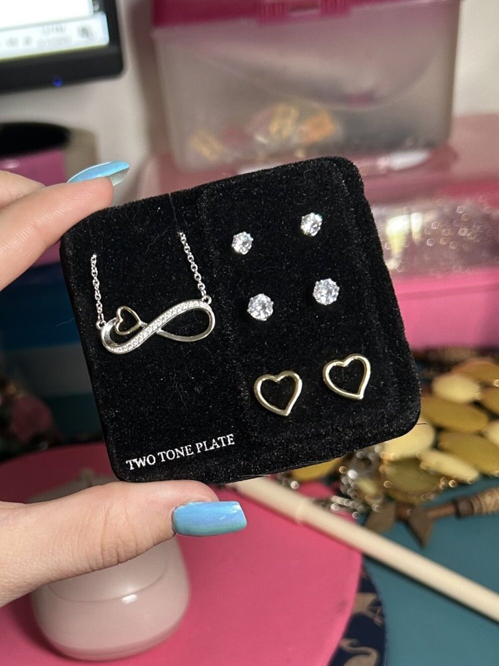 Two-Tone CZ & Crystal Infinity Necklace & Stud Earrings Trio Set